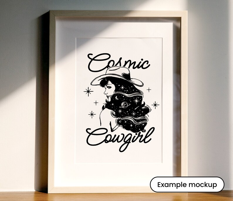 May include: Black and white illustration of a woman wearing a cowboy hat with a galaxy design in her hair. The text "Cosmic Cowgirl" is written below the image.