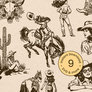 Peut inclure: Un ensemble de neuf illustrations en noir et blanc représentant des cowgirls, des chevaux, des cactus et un crâne avec des fleurs. Les illustrations sont de style vintage et sont parfaites pour être utilisées dans des projets d'artisanat, de scrapbooking ou de design numérique.