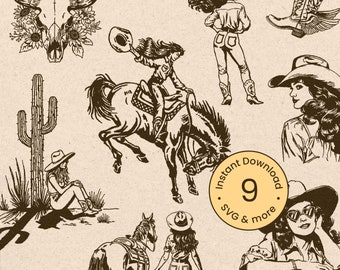 May include: A set of nine black and white illustrations featuring cowgirls, horses, cacti, and a skull with flowers. The illustrations are in a vintage style and are perfect for use in crafting projects, scrapbooking, or digital design.