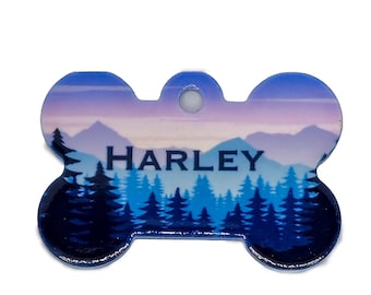 Personalized Mountain Dog Bone ID Tag: Double-Sided Aluminum Pet Tag