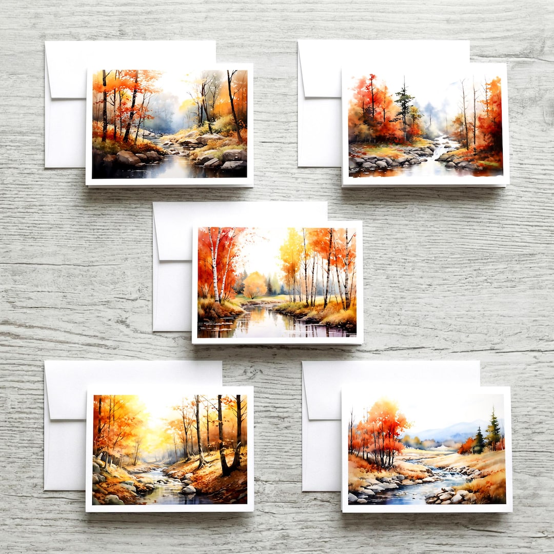 5 Linen Watercolor Autumn Forest Note Cards With Envelopes - Set of 5 ...