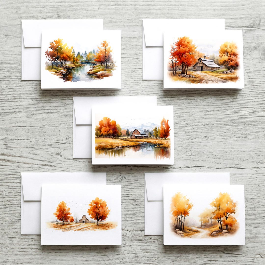 Linen Watercolor Autumn Scenes Notecards: Rustic Fall Greeting Card Set ...