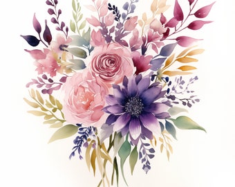 12 bouquet di fiori ad acquerello Clipart Bundle PNG Download digitale, arte stampabile