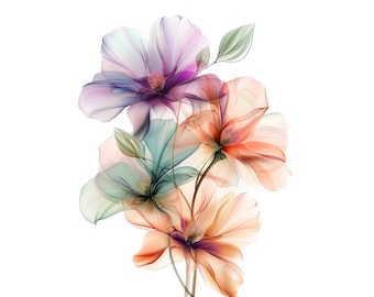 Pacchetto di clipart PNG con fiori astratti con sfondo trasparente, download digitale di 10 design