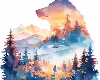 Clipart di lupo ad acquerello: disegni PNG di paesaggi selvaggi (download digitale)