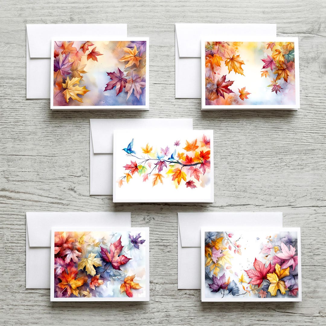 Linen Autumn Leaves Watercolor Note Card Set: Blank Inside Greeting ...