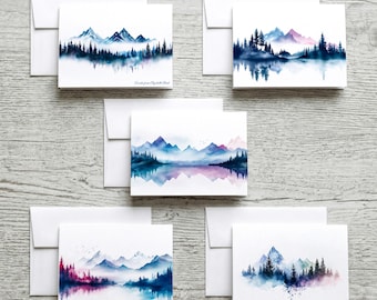 5 Watercolor Mountain Note Card Set: A6 Greeting Cards with Envelopes