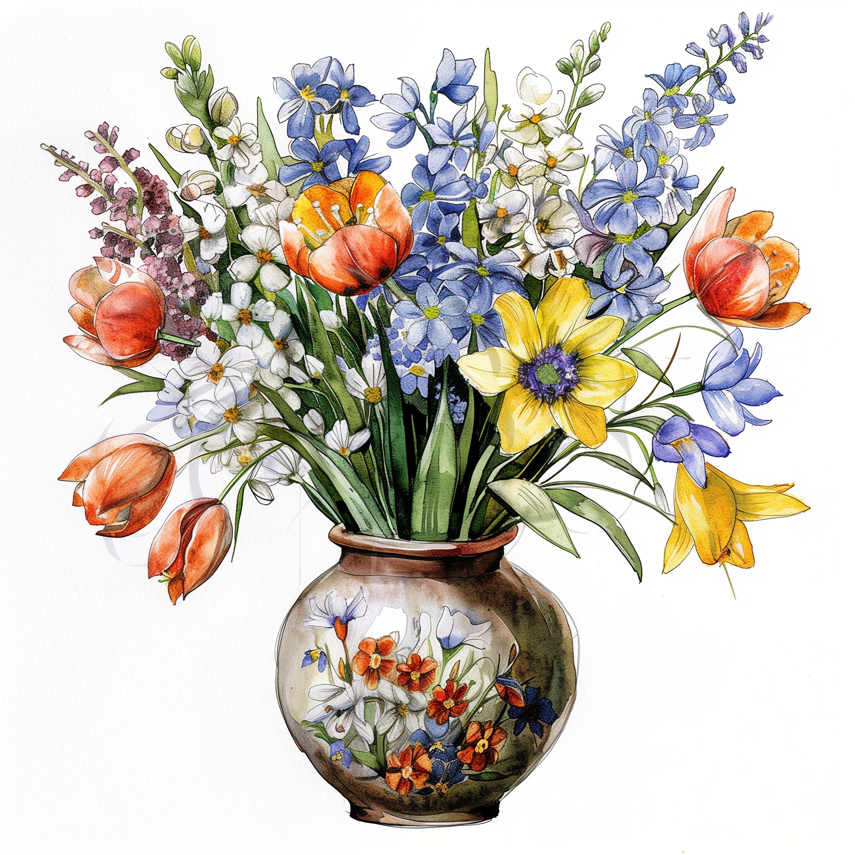 12 Watercolor Spring Flower Bouquet in Vase PNG Clipart Bundle Digital ...
