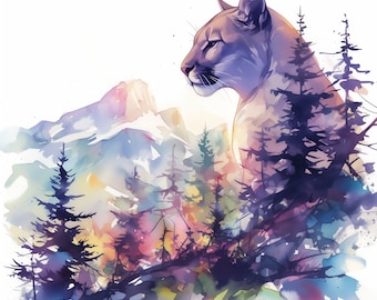 Clipart di leone di montagna ad acquerello: disegni PNG di paesaggi selvaggi (download digitale)