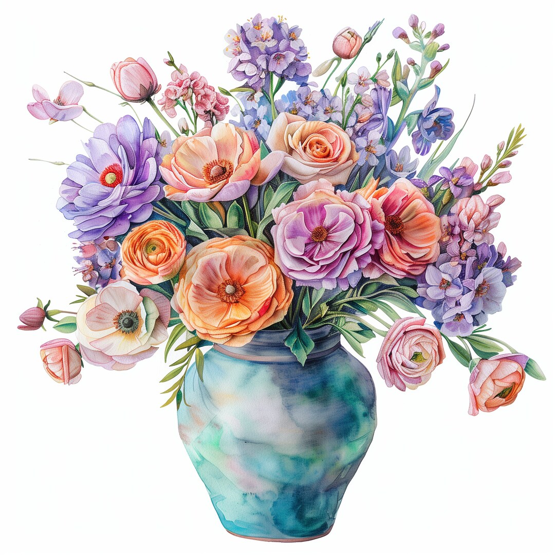 12 Watercolor Spring Flower Bouquet in Vase PNG Clipart Bundle Digital ...