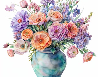 12 bouquet di fiori primaverili ad acquerello in vaso PNG Clipart Bundle Download digitale 12 disegni
