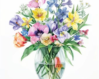 12 bouquet di fiori primaverili ad acquerello in vaso PNG Clipart Bundle Designs Download digitale