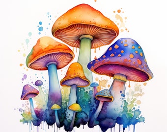 Pacchetto di clipart di funghi acquerellati - 10 disegni PNG scaricabili immediatamente - Arte retrò