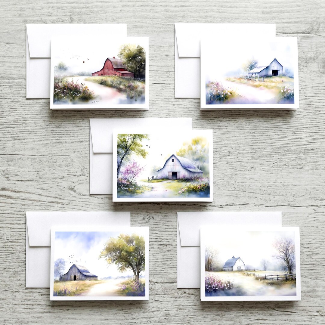 Five Watercolor Barns Note Cards: Spring Greeting Card Set (A6) - Etsy