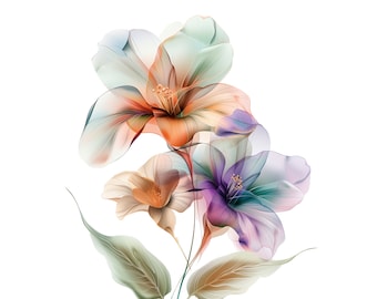 Pacchetto di clipart PNG di fiori astratti: rose, tulipani, gigli (download digitale)