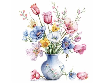 12 bouquet di fiori primaverili ad acquerello in vaso PNG Clipart Bundle Download digitale, arte stampabile