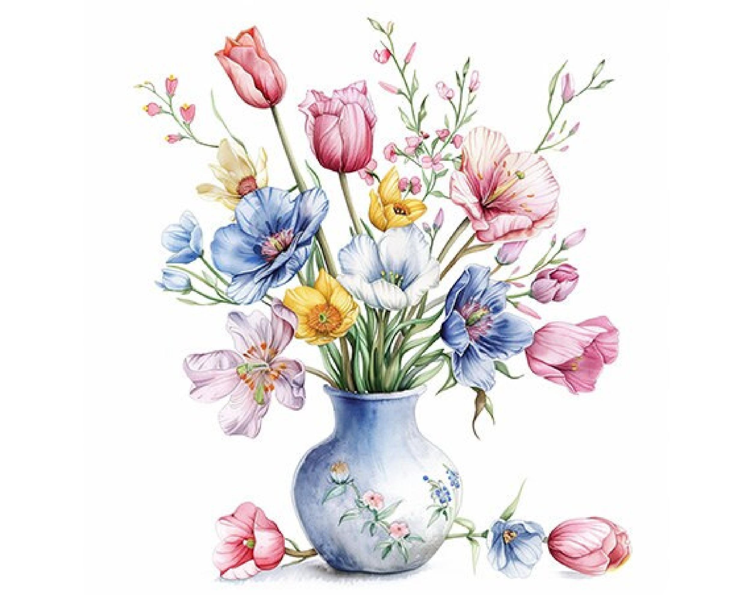 12 Watercolor Spring Flower Bouquet in Vase PNG Clipart Bundle Digital ...