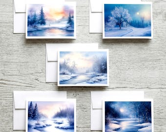 Winter Landscape Notecard Set, Linen Textured Greeting Cards with Envelopes