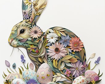 Clipart di coniglietto pasquale con fiori di alghe: primavera PNG (download digitale)