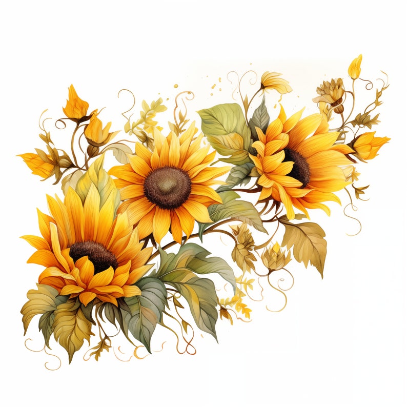 watercolor-sunflowers-bundle-14-png-images-instant-download-clipart