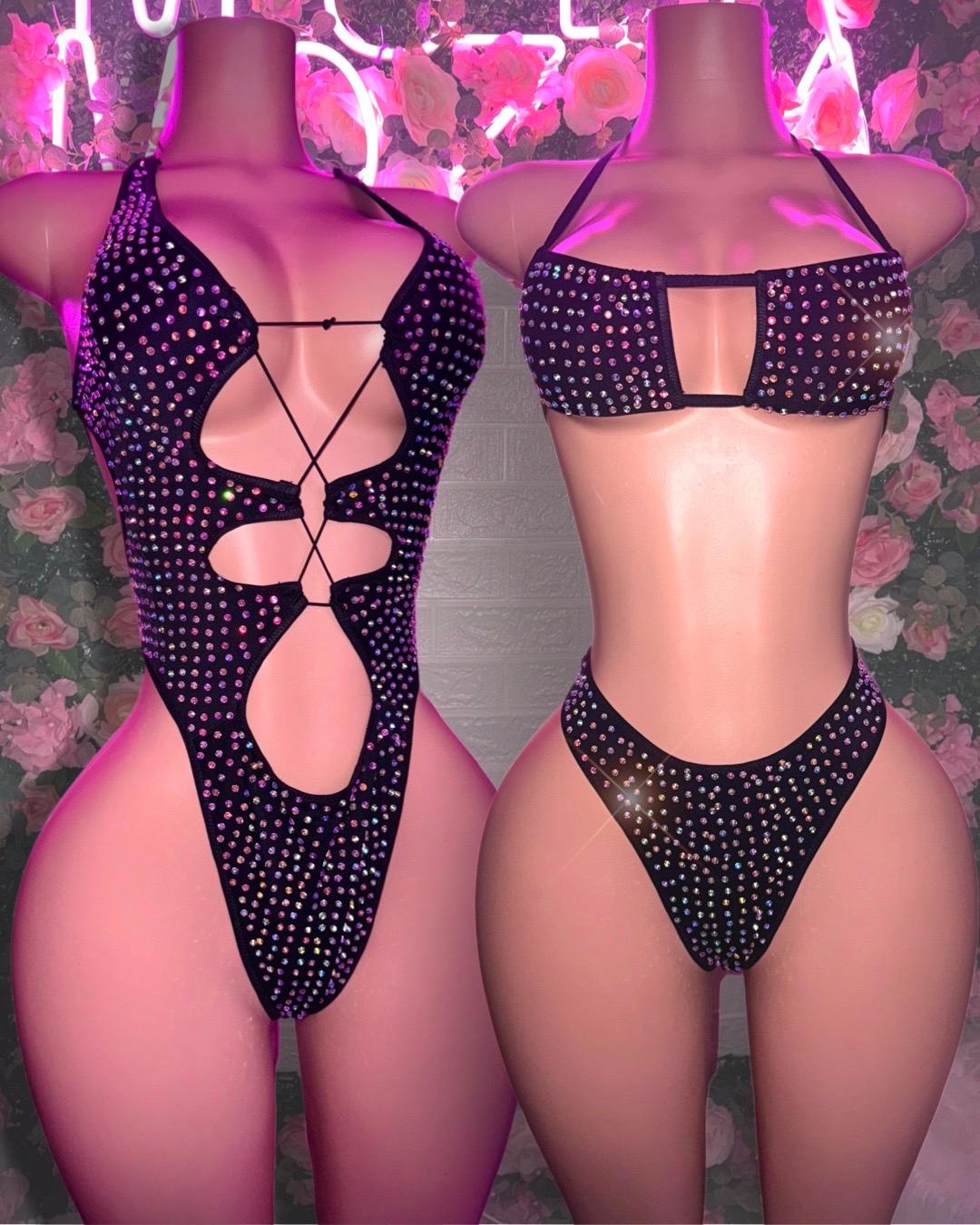 Exotic Dancewear Set, Rhinestone Bodysuit, Bandeau Bikini, Black Stripper Outfits, One Piece, Two Piece, rave Outfits