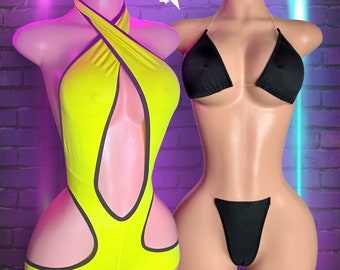 Exotisches Tanzbekleidungsset, Strampler mit Ausschnitten, Mikro-Tanga-Bikini, Gelb und Schwarz, Stripper-Body, Clubwear, Zweiteiler