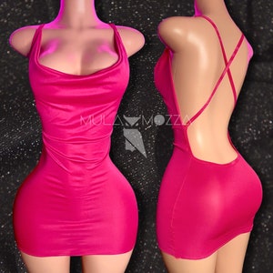 Pink Dress, Exotic Dancewear, Stripper Outfits, Backless Little Cocktail Dress, Cowl Neck Mini Dress, Festival Outfit, Ravewear, Clubwear