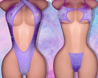 Exotic Dancewear Set, Rhinestone Bodysuit, One Piece, Stripper Outfits, Star Top Bikini, Lavender Rave Outfits, Club- Attire