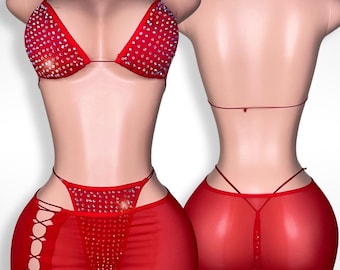 Exotic Dancewear, Skirt Set, Stripper Outfits, Red Exotic Dancer Outfit