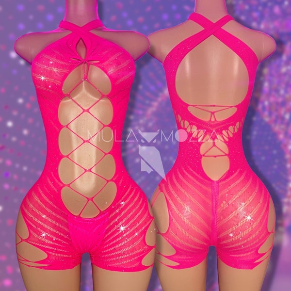 Exotic dancewear, Fishnet Bodysuit, Pink Stripper Outfits, Strappy Fishnet Lingerie, Rhinestone, Fishnet Romper, Bedazzled Thong, Exotic