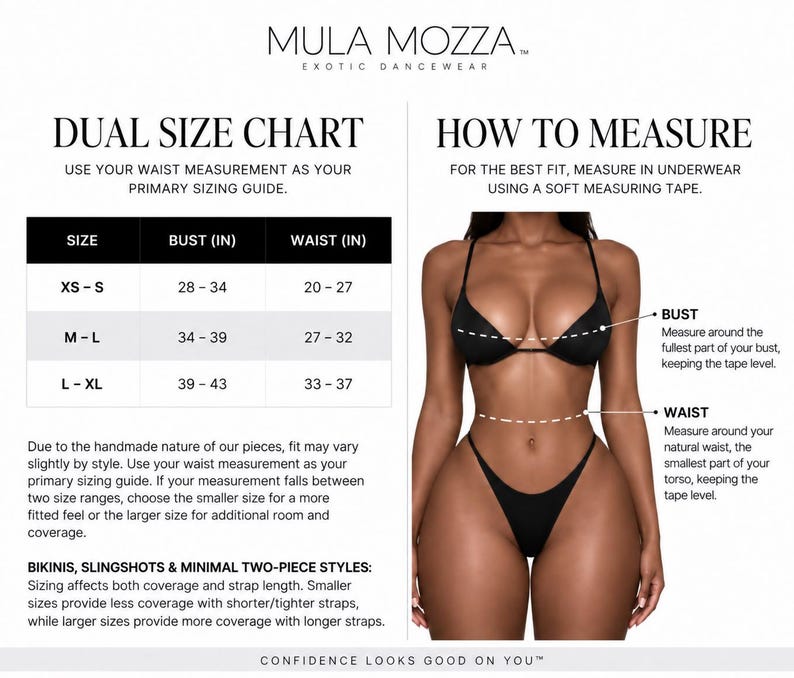Op de afbeelding: Een maattabel voor Mula Mozza danskleding met een tabel met borst- en taillematen in inches voor de maten XS tot XL, naast een diagram dat laat zien hoe je de borst en taille meet bij een zwarte bikini met dunne bandjes.