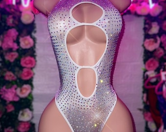 Exotic Dancewear, One Piece, Silver Rhinestone Bedazzled Bodysuit