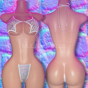Exotic Dancewear, Star Bikini, Clear Straps, Silver Stripper Outfit with Rhinestones