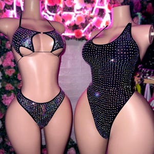 Exotic Dancewear Set, Ravewear, Rhinestone Bodysuit, Star Bikini