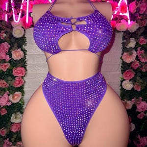 Exotic Dancewear, Two Piece, High Waist Bikini, Purple Stripper Outfits