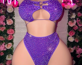 Ropa de baile exótica, bikini de dos piezas y cintura alta, trajes de stripper morados.
