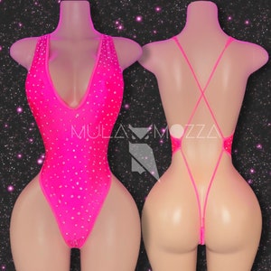 Exotic Dancewear, One Piece Pink Rhinestone Bedazzled Bodysuit