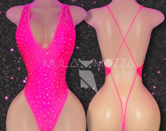 Exotic Dancewear, One Piece Pink Rhinestone Bedazzled Bodysuit