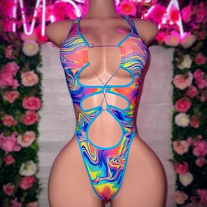 Exotic Dancewear, Stripper Outfits, Colorful Bodysuit, Rainbow Bikini, Festival outfit, Ravewear