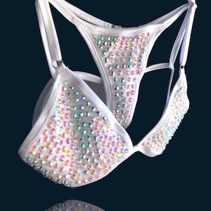Rhinestone Bikini, Stripper Outfit, White Two Piece Exotic Dancewear Set