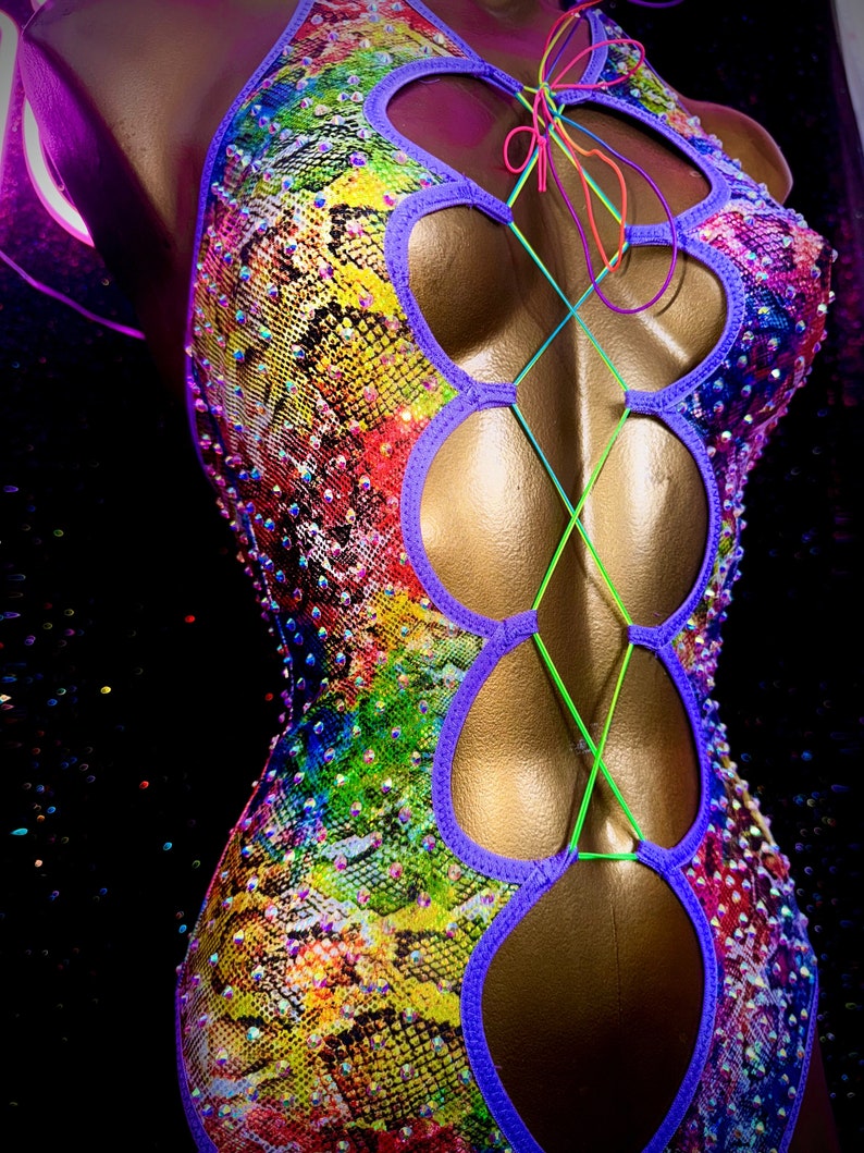 Exotic Dance Wear, Bodysuit, Rhinestone, Bedazzled, One Piece, Rainbow