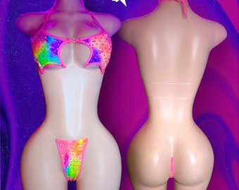 Exotic Dancewear, Star Top Bikini, Rainbow, Stripper Outfits with Rhinestones, Two Piece, Rave Set