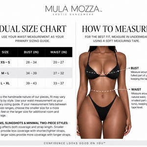 Puede incluir: Una tabla de tallas para ropa de baile Mula Mozza con medidas de busto y cintura en pulgadas para tallas de XS a XL, junto a un diagrama que muestra c&oacute;mo medir el busto y la cintura en un conjunto de bikini negro con tirantes finos.