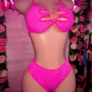Exotic Dancewear, Two Piece Set, Pink Stripper Outfits, Rhinestone Stripper wear, Rave Bikini