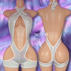 Exotic Dancewear, Silver One Piece Cut Out Romper with Rhinestones