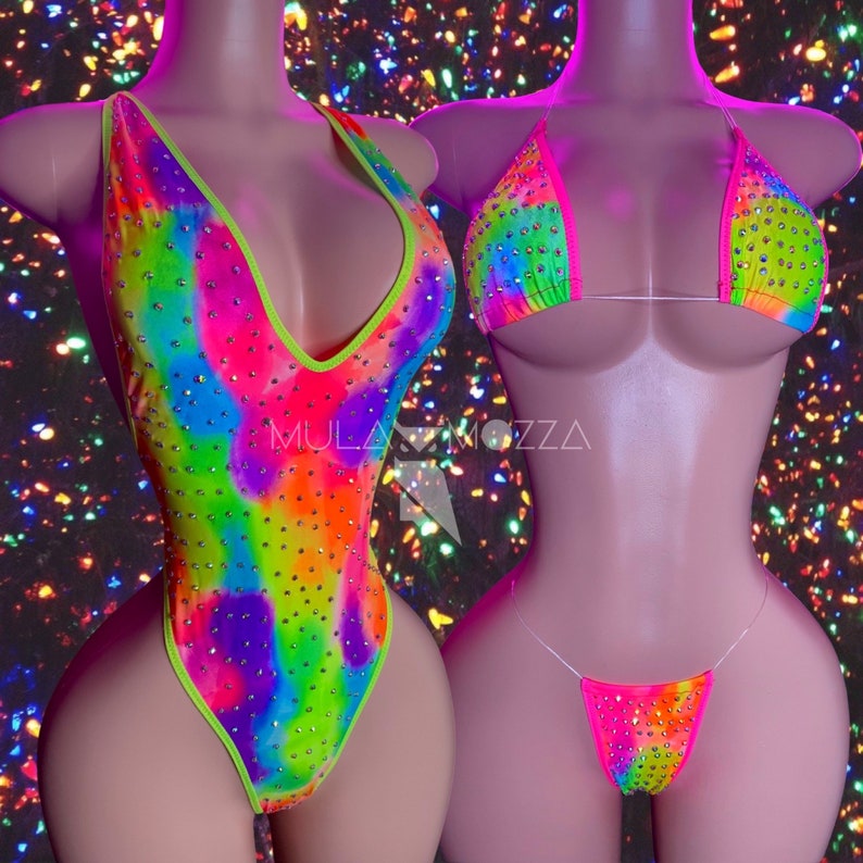 Exotic Dancewear Set, Rainbow Bedazzeled Bodysuit and Bikini Etsy