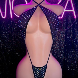 Exotic Dancewear, Slingshot Bikini, One Piece, Black Monokini, Thong Bikini, Stripper Outfits With Rhinestones , Rave Bikini, Pole Wear image 5