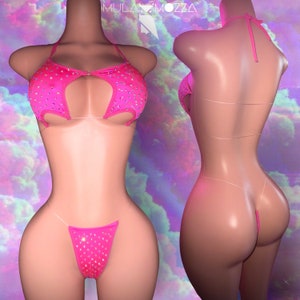 Exotic Dancewear, Star Bikini, Clear Straps, Pink Stripper Outfit with Rhinestones, Rave Outfits