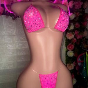 Exotic Dancewear, Pink Rhinestone Bikini, Two Piece Set, Stripper Outfits