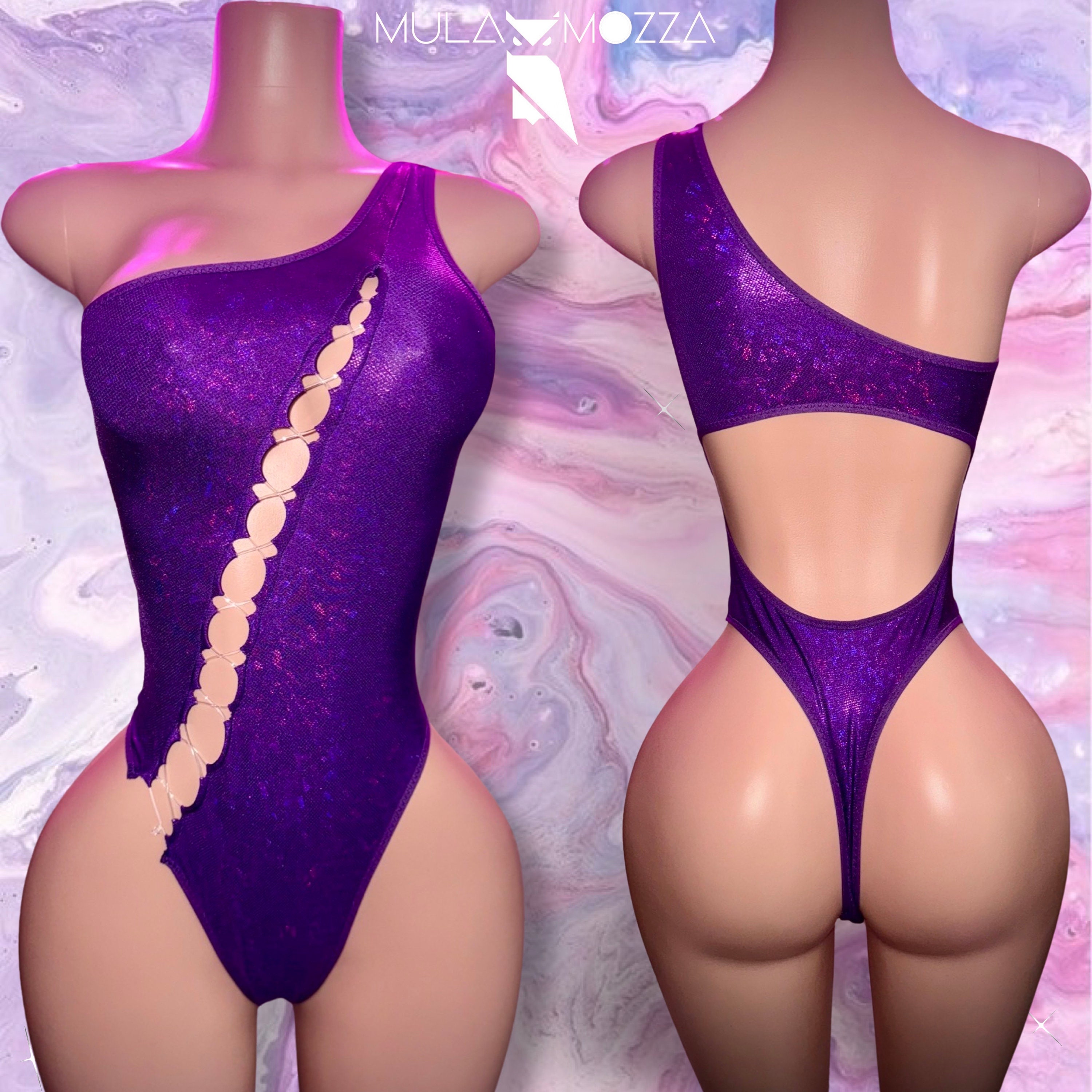 Exotic Dancewear, One Piece, Rave Outfits, Asymmetrical Bodysuit, Purple Stripper Outfits, Lace Up Bikini, Bottle Girl, Bartender Outfit